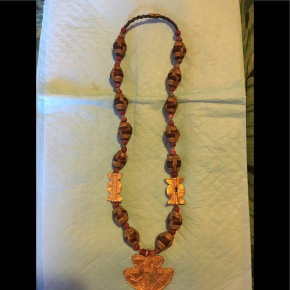 Sand beaded necklace with brass beads and pendant - Picture 2 of 2
